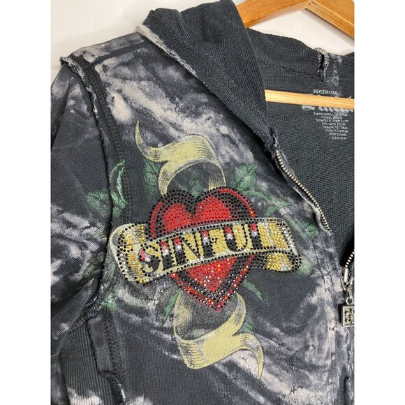 Y2K Sinful Affliction Womens Medium Zip Up Hoodie Black Tie Dye Rose Tattoo Hear - Picture 5 of 13